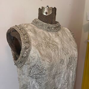 Vintage 1960s 70s formal maxi column sleeveless silver beaded full length gown